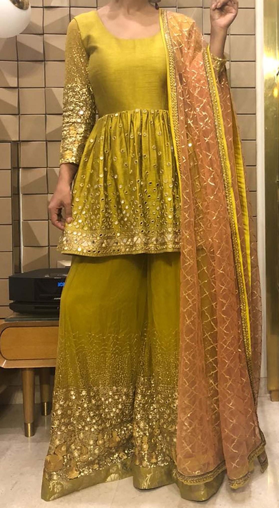 Greenish Yellow Designer Mehndi Dress