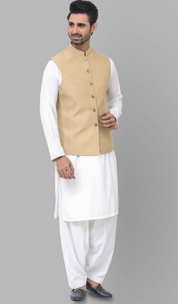 White kurta and plain silk waist coat 2020