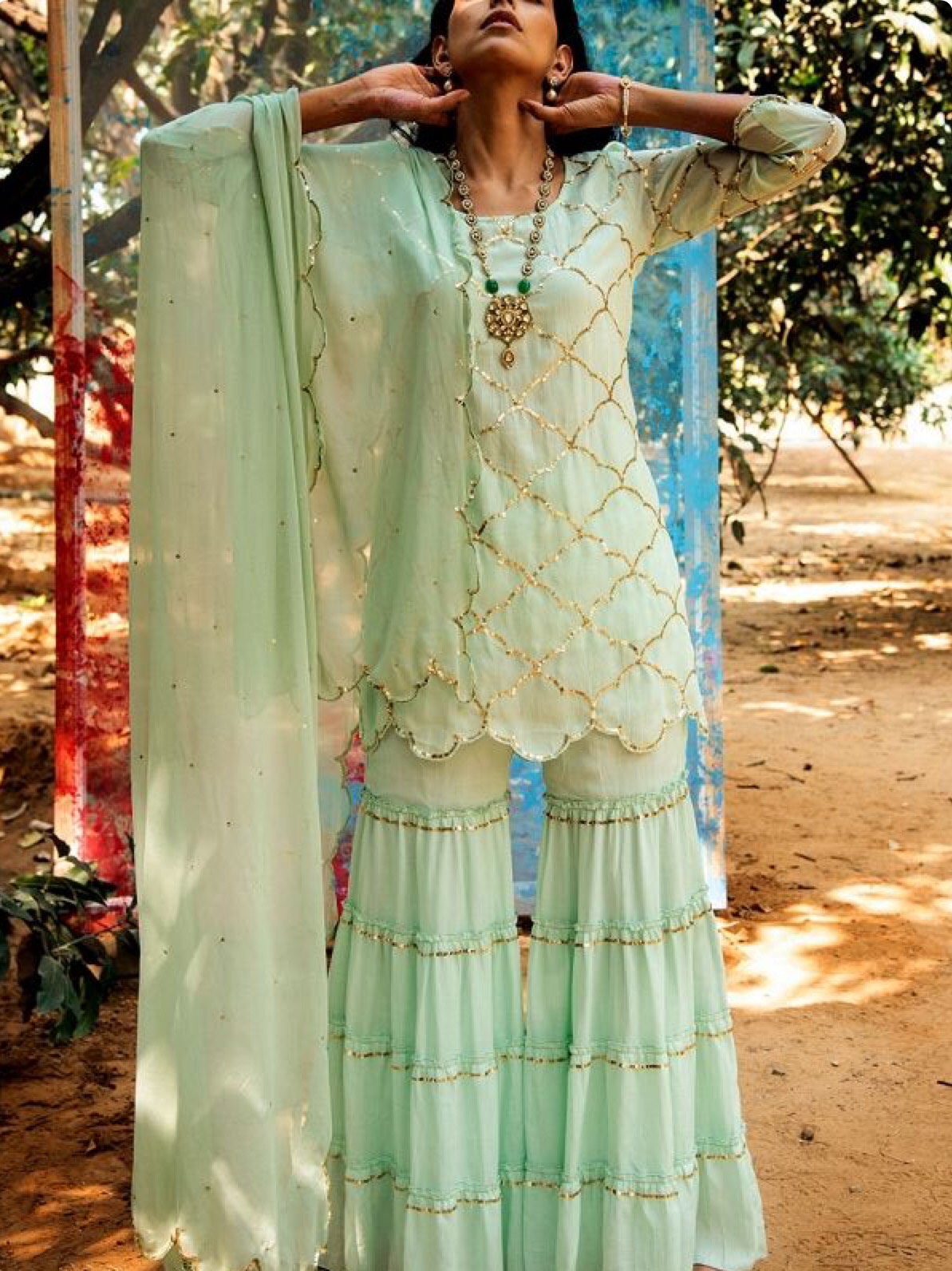 Pistachio green sharara design for Bridal Dress on Mehndi