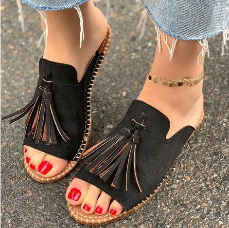 Flat Slide Sandals with Fringes for lady